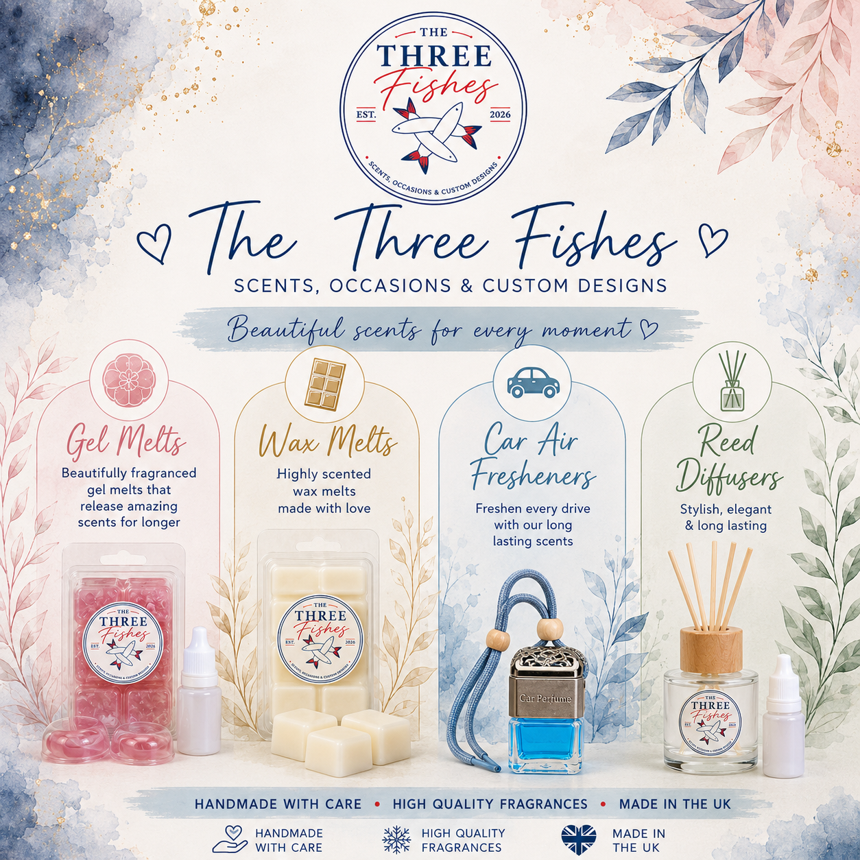 The Three Fishes branded collection: pink gel melts, cream wax melts, blue car air freshener and reed diffuser